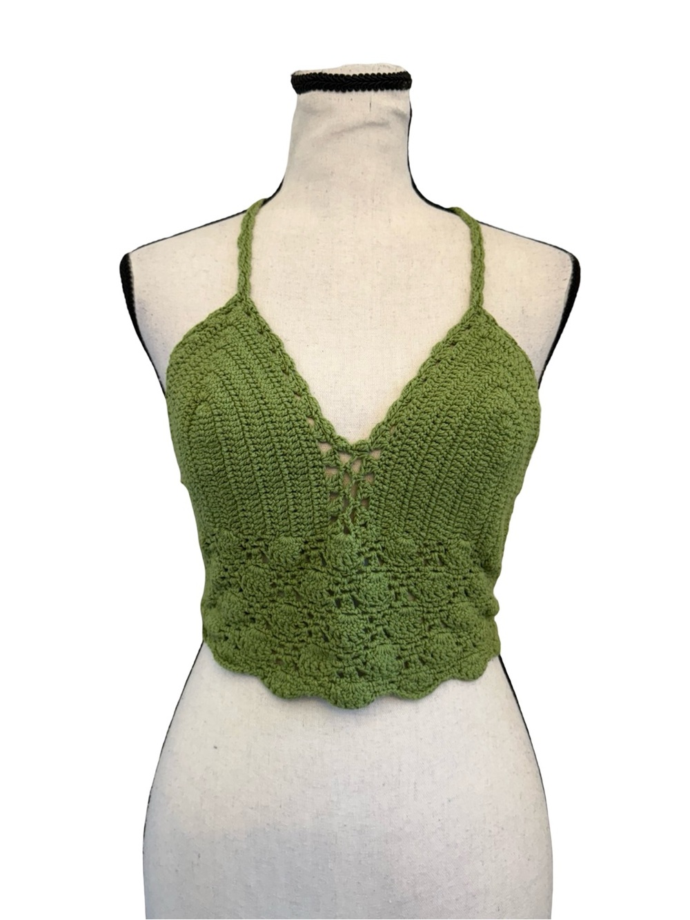 Lakhays Handmade Crochet Halter Top Green Cotton Boho Festival Swim Cover Up